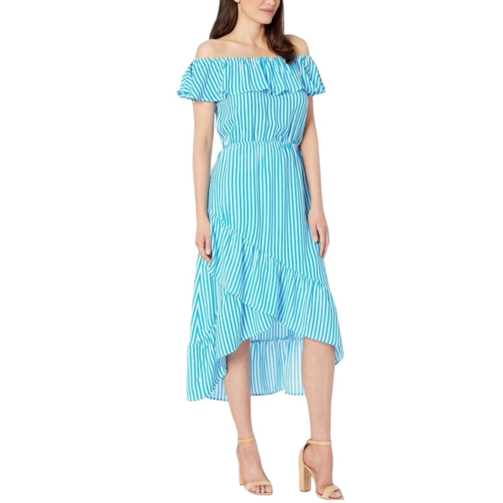 TOMMY BAHAMA NWT Palm Party Stiped Off the Shoulder Ruffle Midi Dress Size Small - Picture 2 of 11